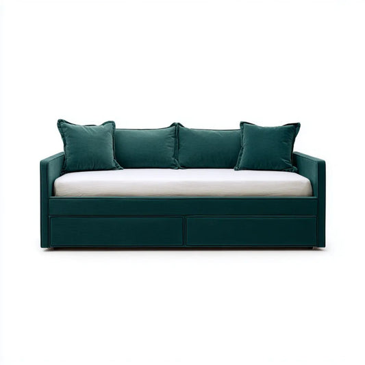 Tapicerowana sofa rozkładana z 2 szufladami, ciemnozielona/biała, 210 x 100 x 85 cm