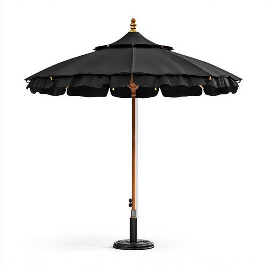 Okrągły parasol ogrodowy z poliestru i drewna, czarny Ø300 cm, wys. 250 cm