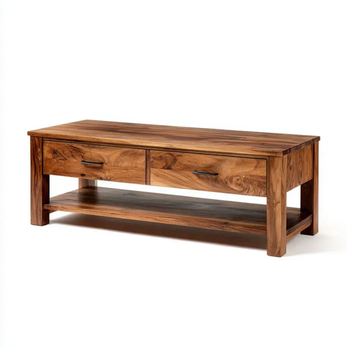 Brązowa szafka RTV z litego drewna palisandrowego 120 x 40 x 45 cm, 2 szuflady i półka