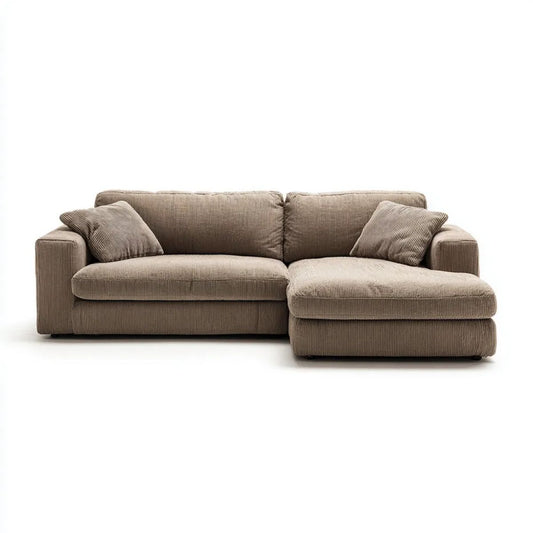 Beżowa sofa narożna z prawostronnym szezlongiem, sztruks poliestrowy, 250 x 160 x 85 cm