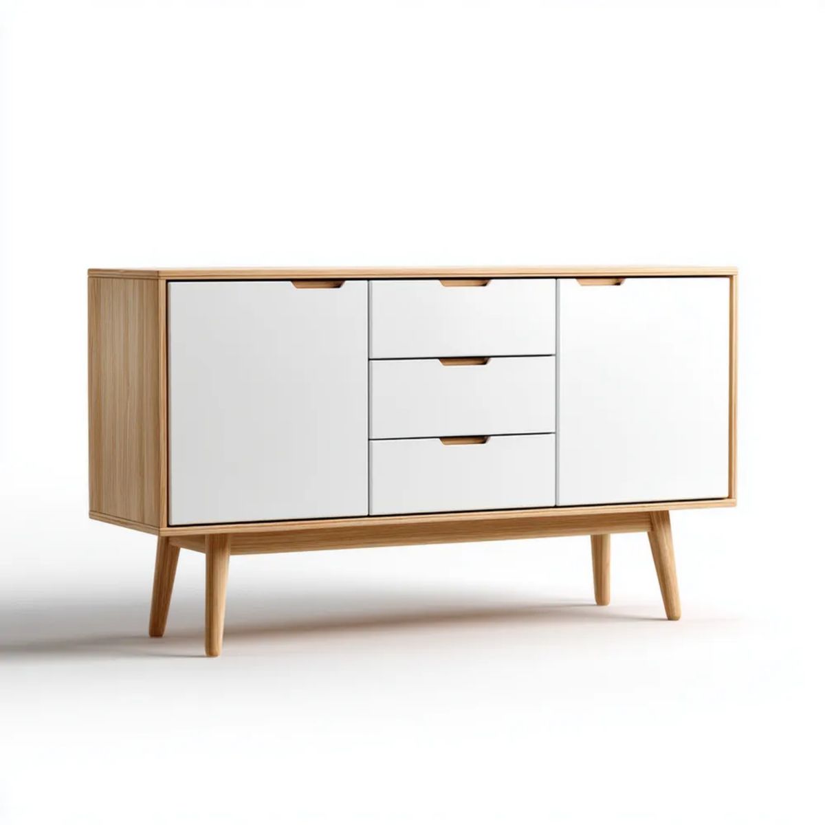 Komoda do jadalni biało-dębowa z płyty MDF, 120 x 40 x 80 cm, 2 drzwi i 3 szuflady