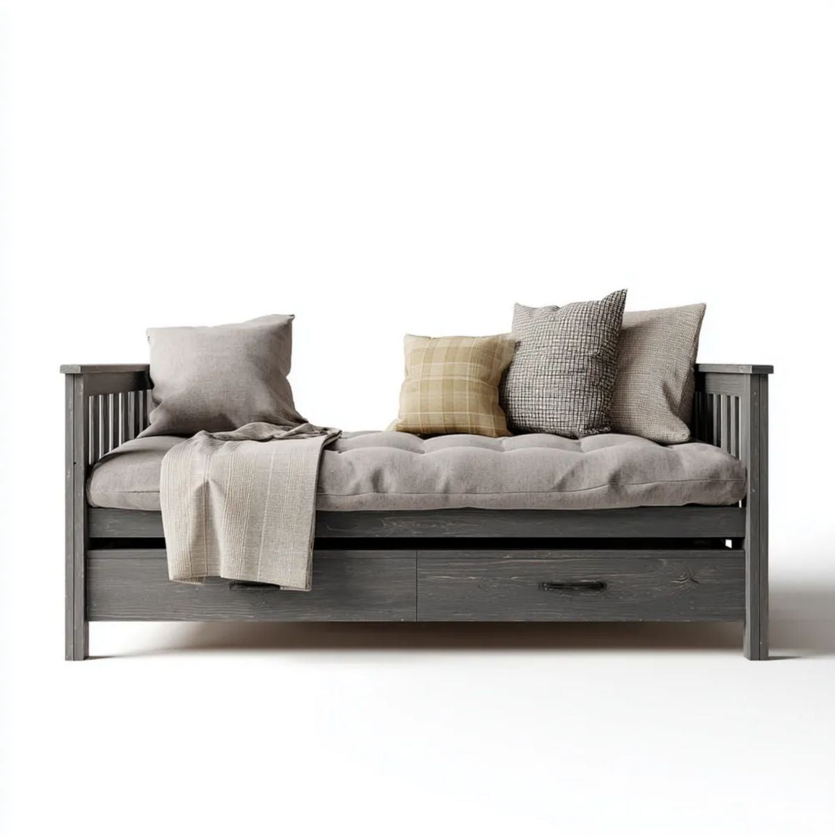 Rozkładana sofa drewniana z szufladą grafitowa 205 × 98 × 90 cm