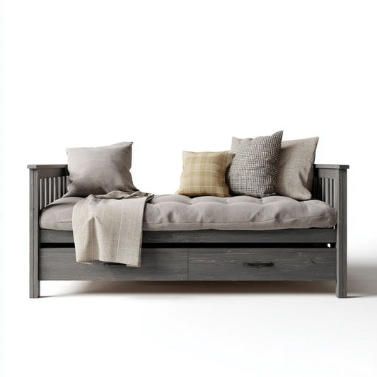 Rozkładana sofa drewniana z szufladą grafitowa 205 × 98 × 90 cm