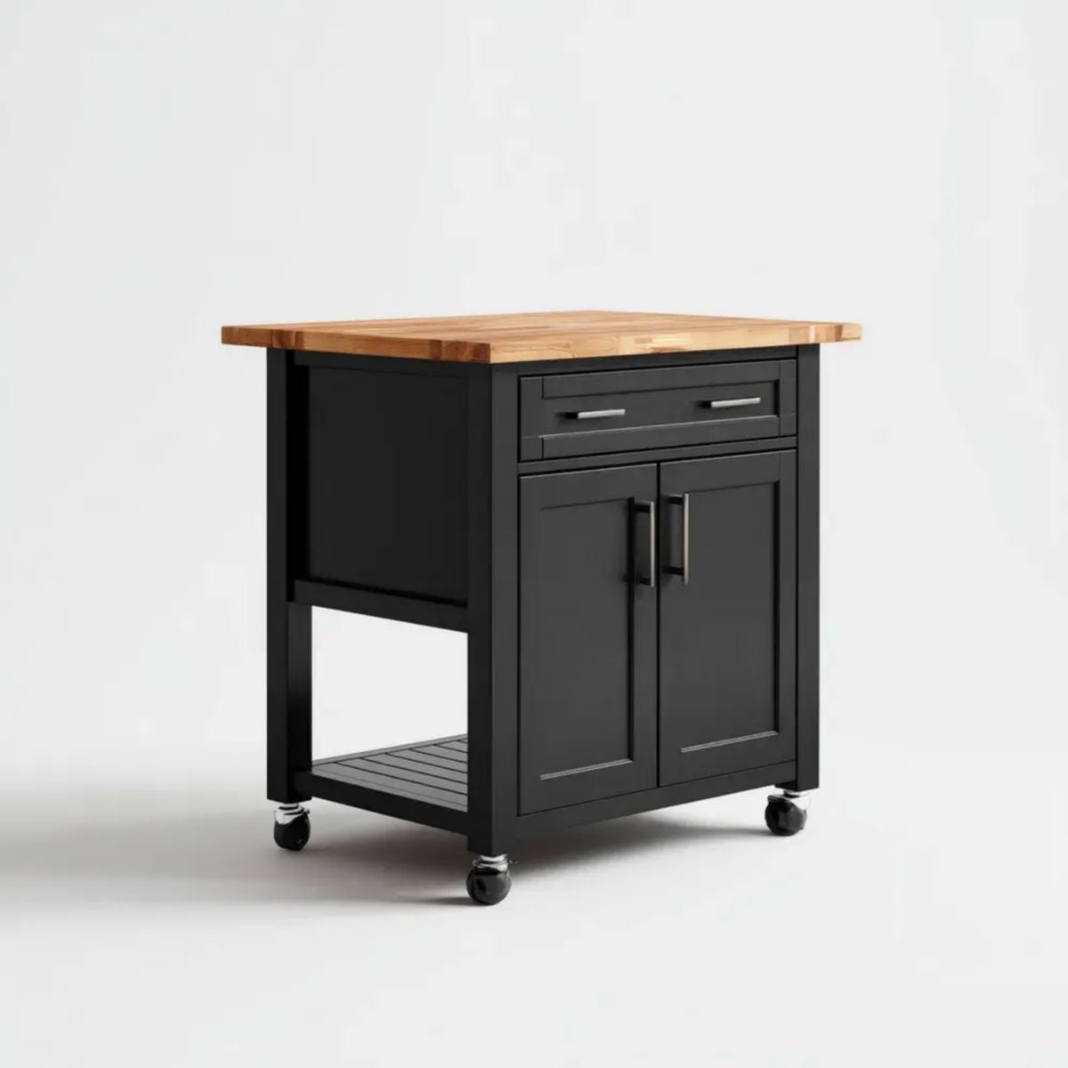 Czarna wyspa kuchenna na kółkach z drewnianym blatem 112 x 46 x 91,5 cm