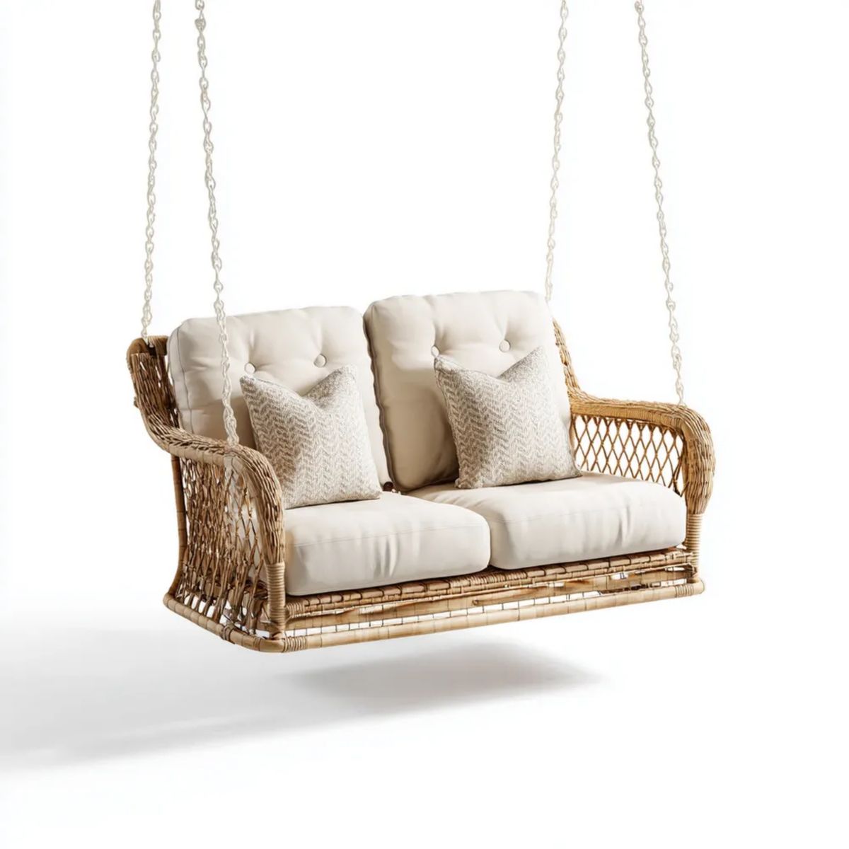 Dwuosobowa huśtawka wisząca z naturalnego rattanu beżowa 140 x 70 x 65 cm