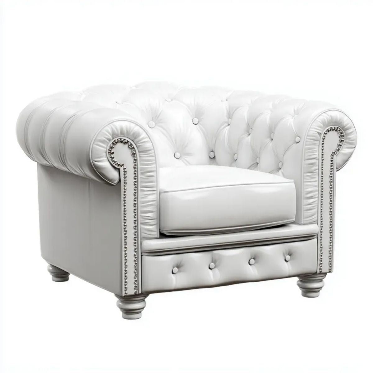 Biały fotel Chesterfield ze skóry syntetycznej 110 × 90 × 75 cm ze srebrnymi detalami