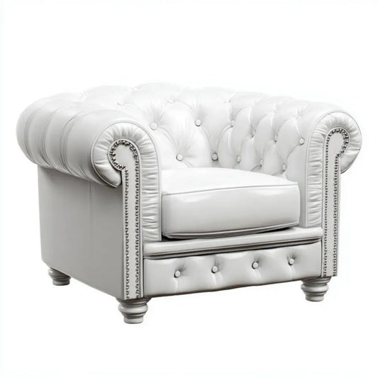 Biały fotel Chesterfield ze skóry syntetycznej 110 × 90 × 75 cm ze srebrnymi detalami