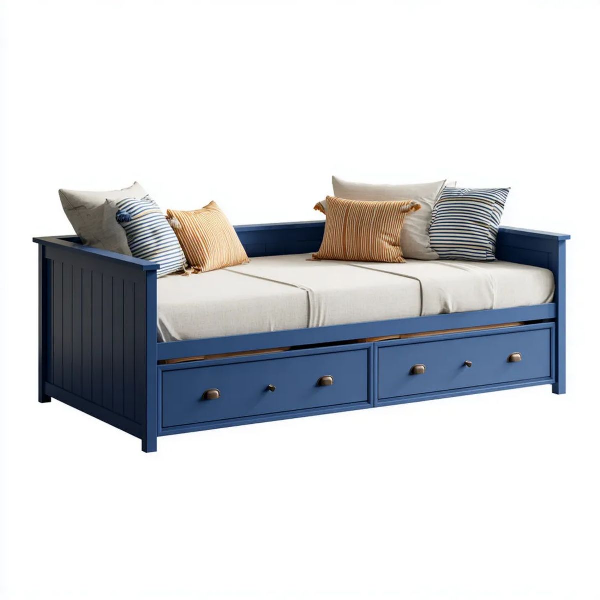 Granatowa sofa łóżko z litego drewna sosnowego 208 × 98 × 92 cm z 2 szufladami, powierzchnia spania 200 × 90 cm