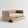 Beżowa sofa rozkładana z wysuwanym modułem, welurowa, 220 × 105 × 90 cm, powierzchnia spania 200 × 90 cm