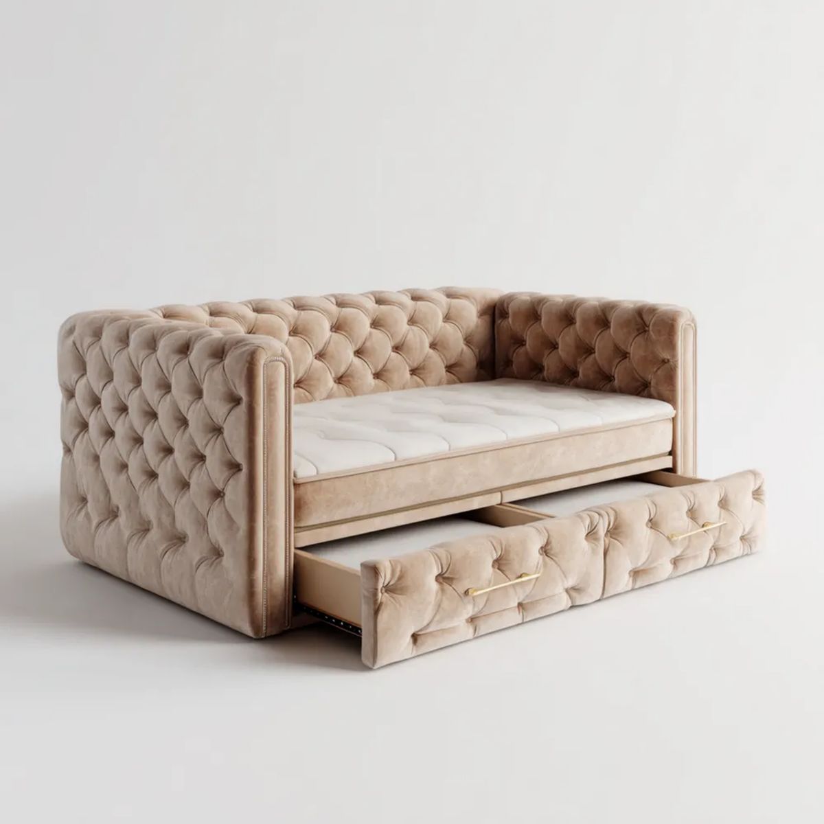 Beżowa sofa rozkładana z wysuwanym modułem, welurowa, 220 × 105 × 90 cm, powierzchnia spania 200 × 90 cm