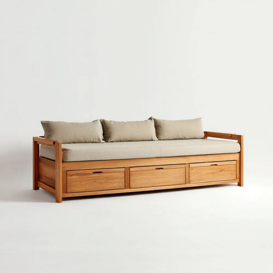 Beżowa sofa rozkładana z szufladami z drewna i poliestru, 200 x 80 x 85 cm