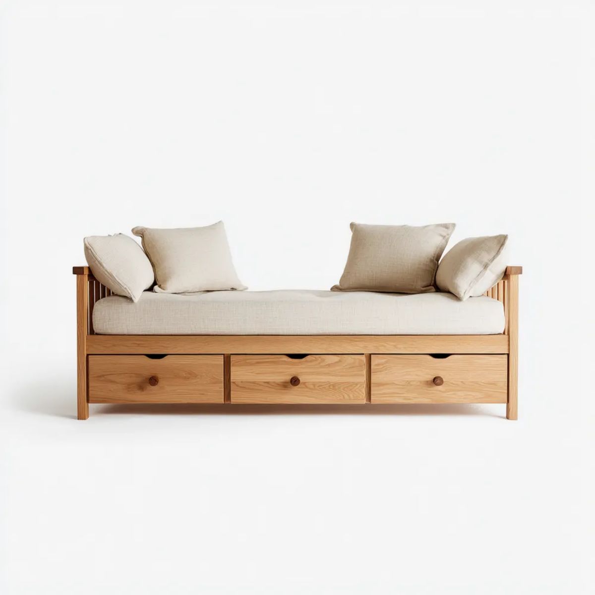 Beżowa sofa z 3 szufladami z litego drewna sosnowego 200 x 80 x 85 cm