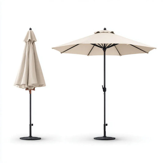 Składany parasol ogrodowy beżowy z poliestru i stali, ośmiokątny 270 cm z podstawą