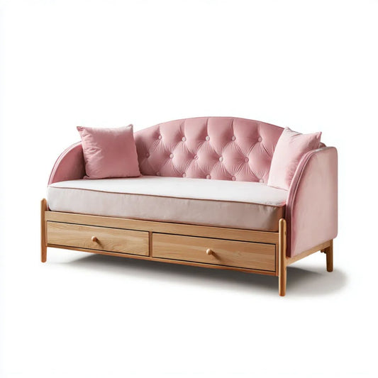 Różowa sofa dzienna z drewna litego z 2 szufladami, 198 × 98 × 92 cm