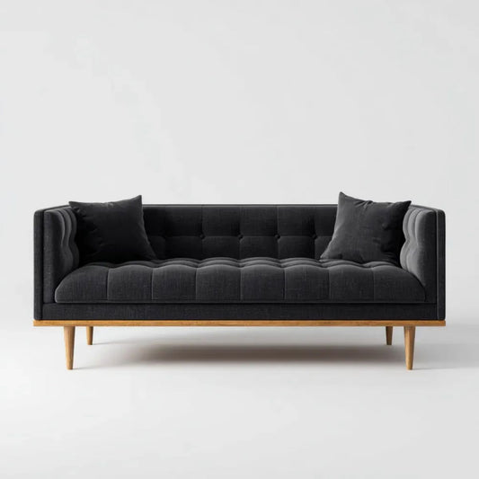 Czarna sofa trzyosobowa z tapicerką poliestrową i drewnianymi nogami, 210 x 85 x 82 cm