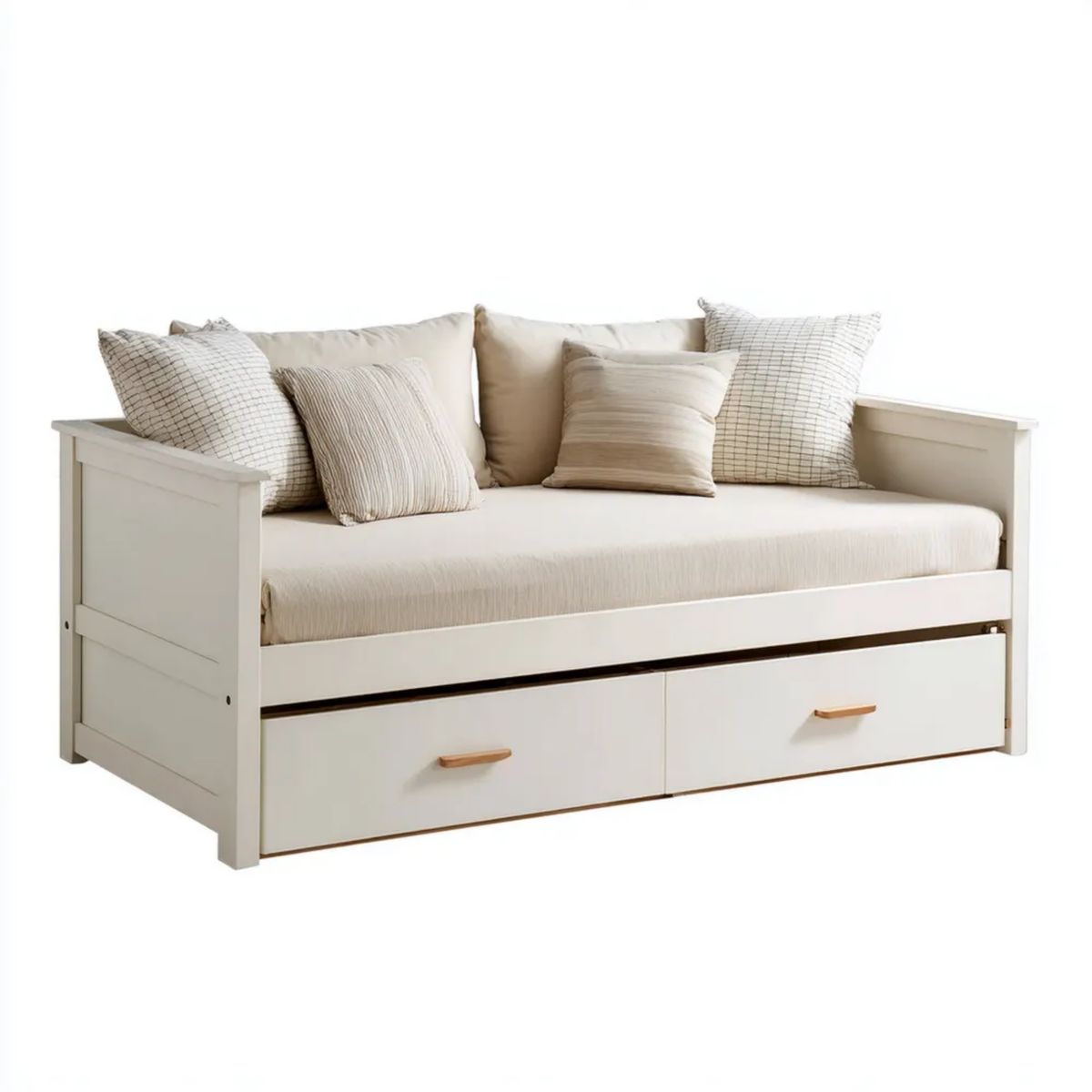 Rozkładana sofa drewniana z 2 szufladami, biało-kremowa, 198 x 98 x 92 cm