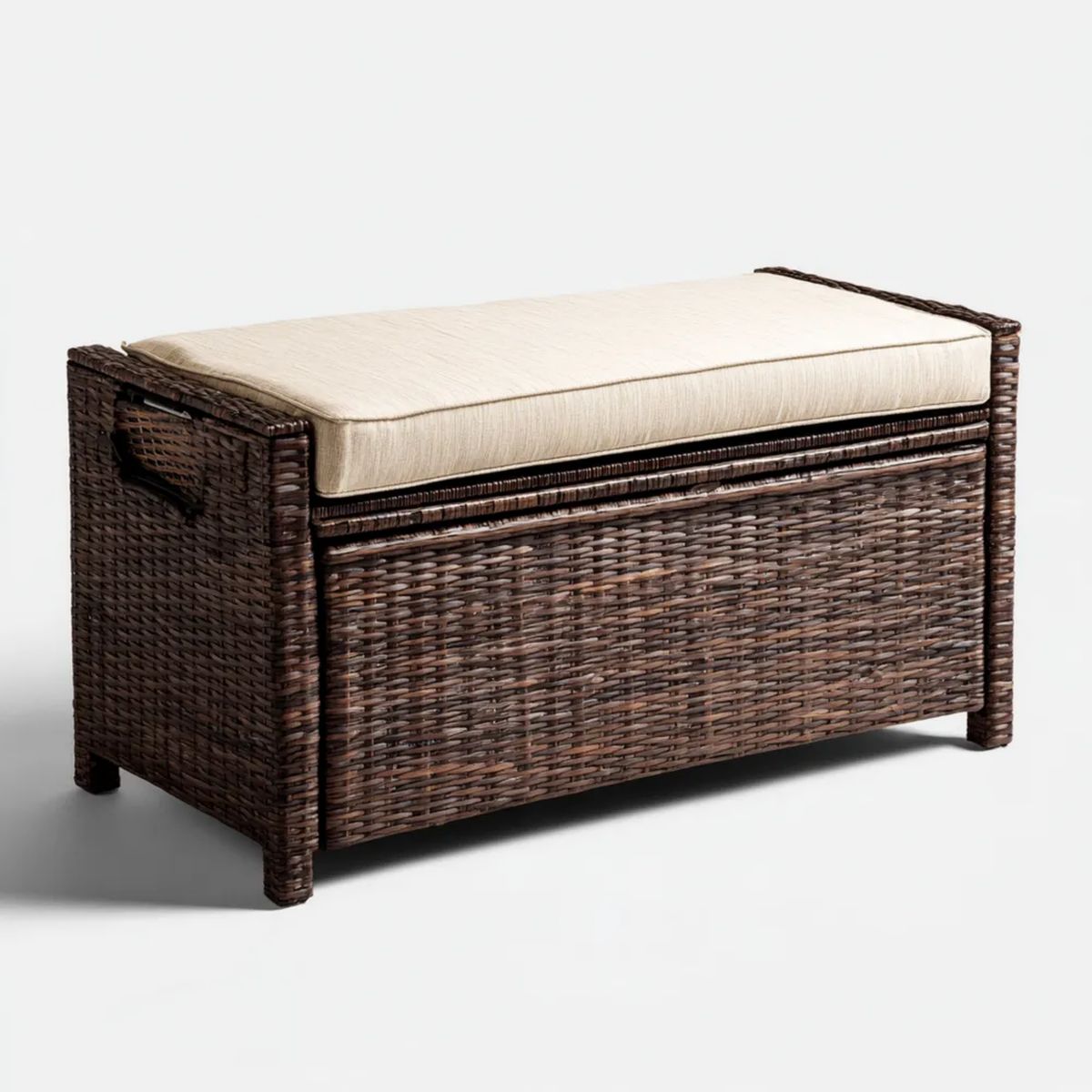 Rattanowa ławka ze schowkiem brązowa z beżową poduszką, 100 × 40 × 50 cm