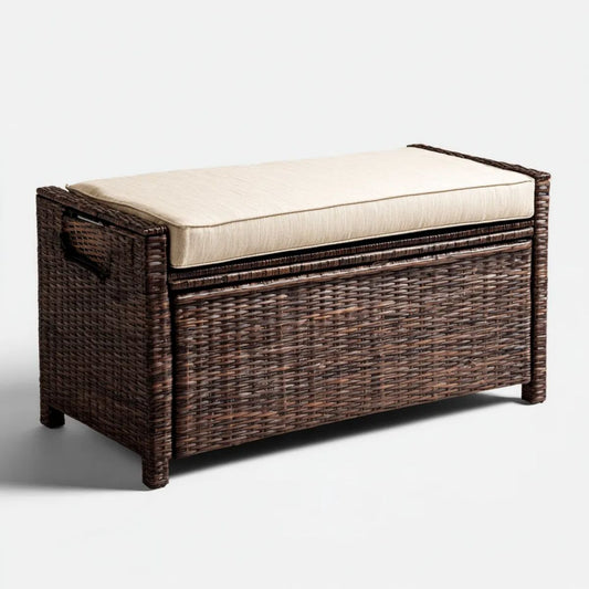 Rattanowa ławka ze schowkiem brązowa z beżową poduszką, 100 × 40 × 50 cm