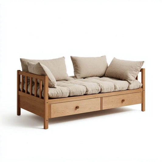 Drewniana sofa rozkładana z 2 szufladami 210 x 98 x 78 cm, naturalny brąz/beż