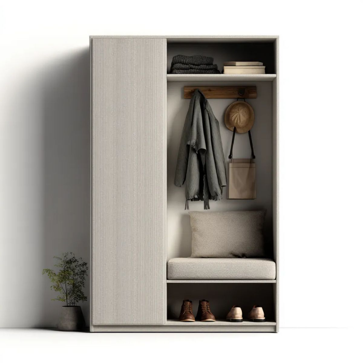 Szafa do przedpokoju z siedziskiem z płyty wiórowej laminowanej 100 × 40 × 200 cm jasnobeżowo-jasnoszara